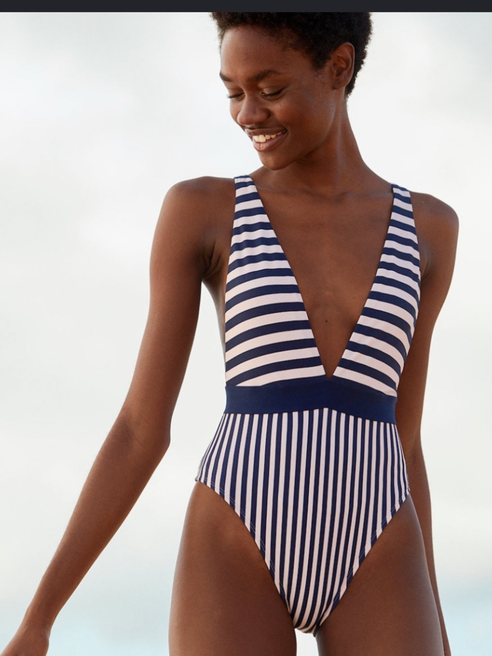 aerie Navy and White Striped Deep V One-Piece